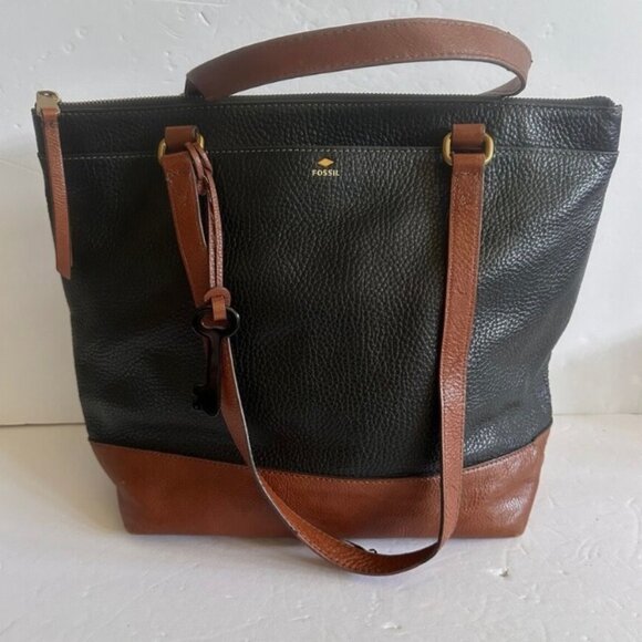 Fossile Genuine Leather Tote Purse Black Brown - Picture 1 of 11